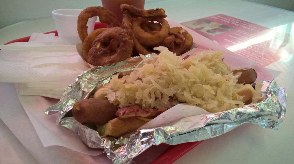 From the specials menu - Pastrami Reuben Dog with Onion Rings